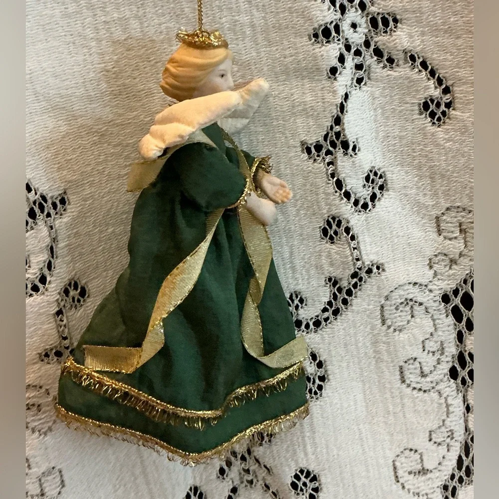 Vintage Porcelain Fabric Angel Christmas Ornament Green Gold 6”